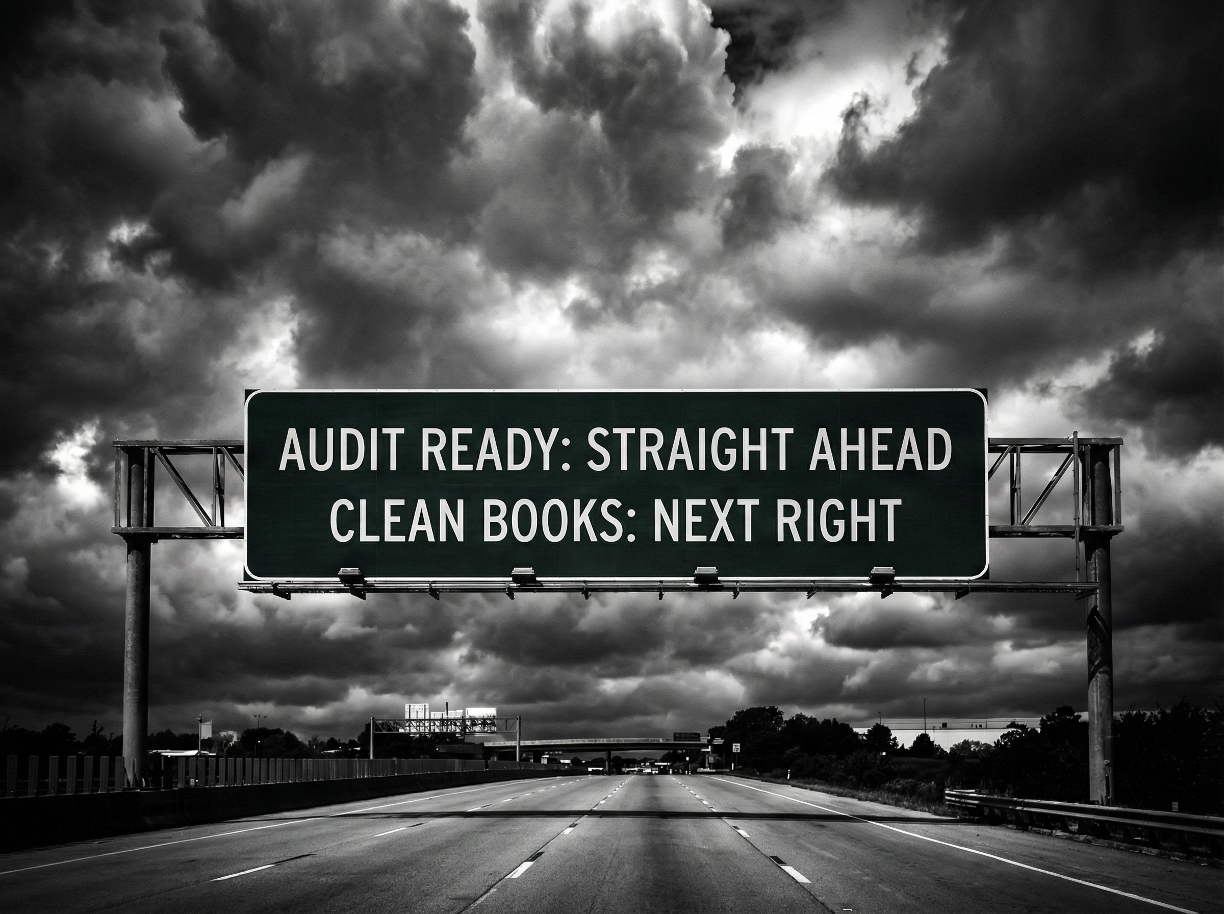 Audit Ready highway sign under dramatic storm clouds